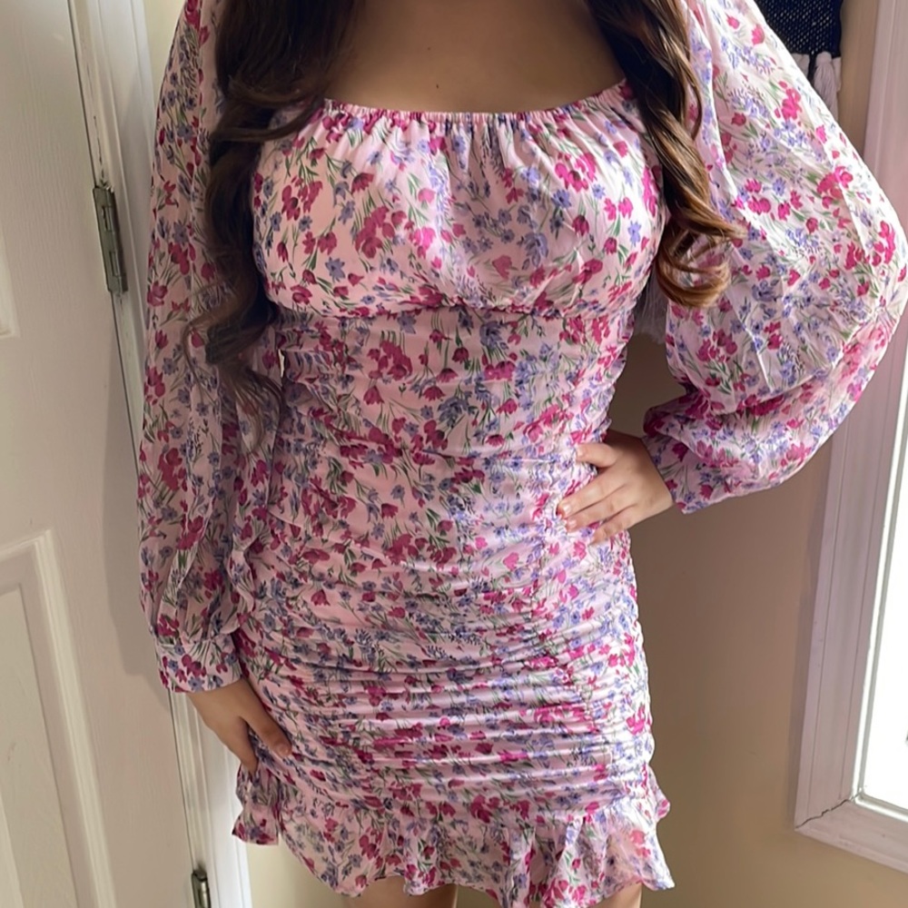Pink & Purple Floral Coquette Cottagecore Long Sleeve Dress